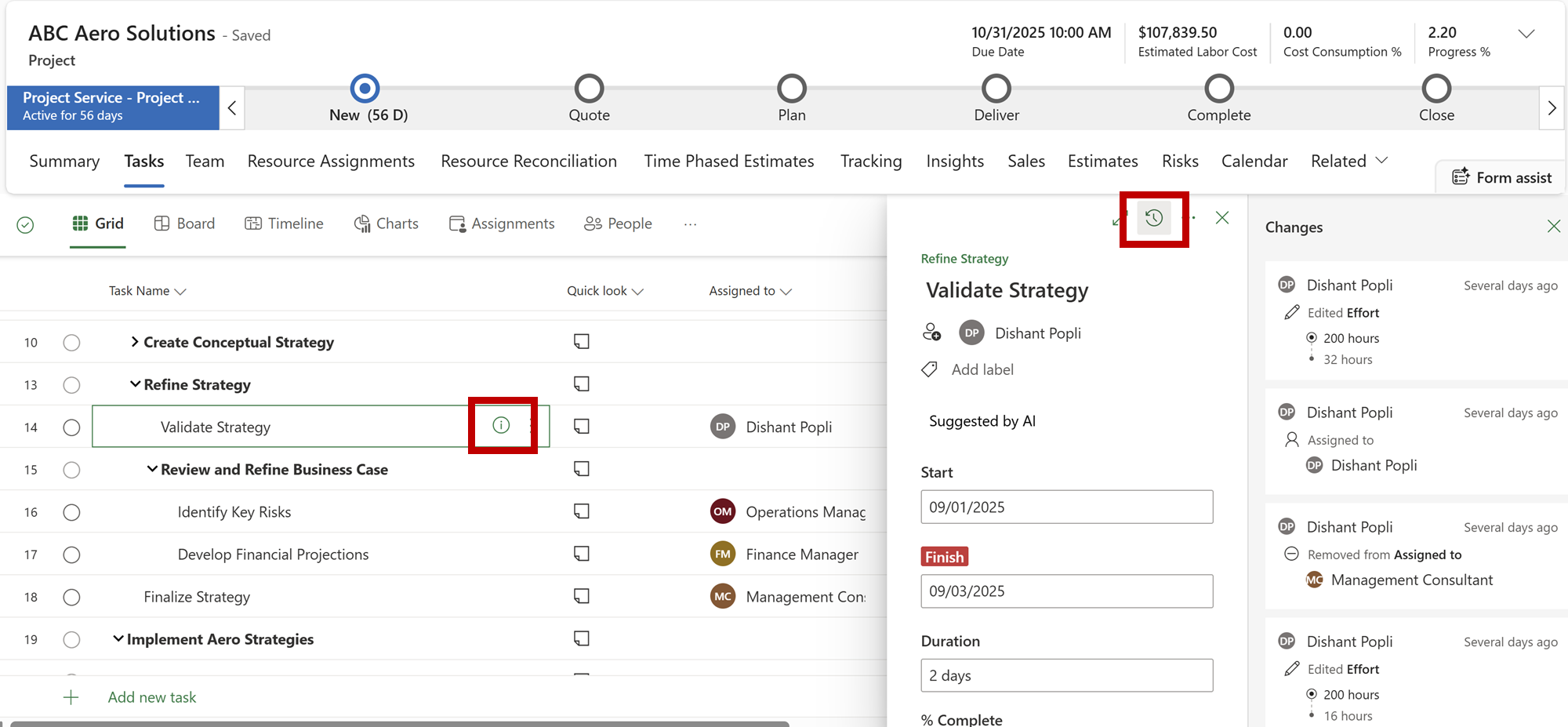 Screenshot of task history showing change details including who made the change, when, and property values.