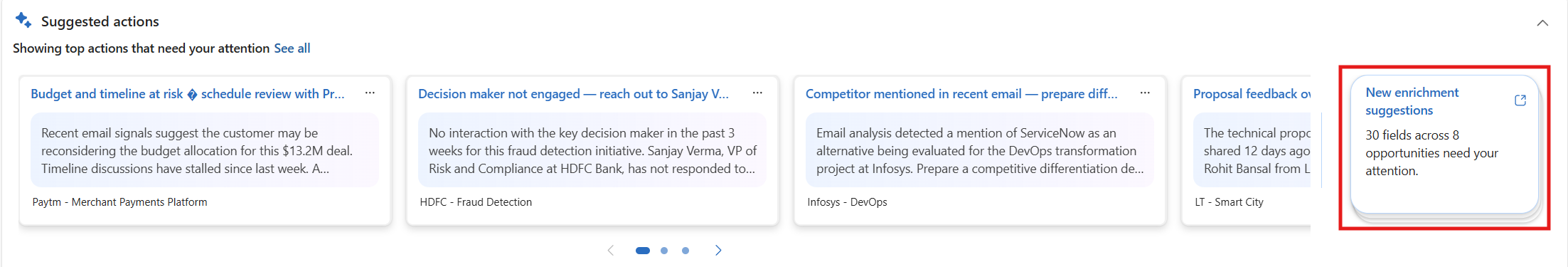 Screenshot of the Suggested actions carousel showing Data Enrichment suggestions.