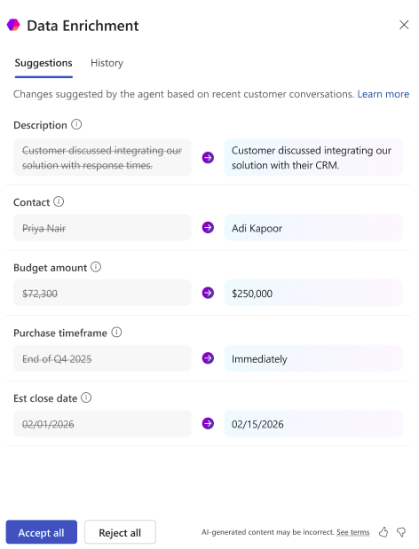 Data enrichment pane in the carousel and the details pane that opens when you select the card.
