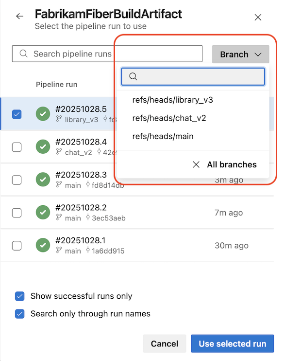 Screenshot of Pipeline run panel and selecting an available artifact. 