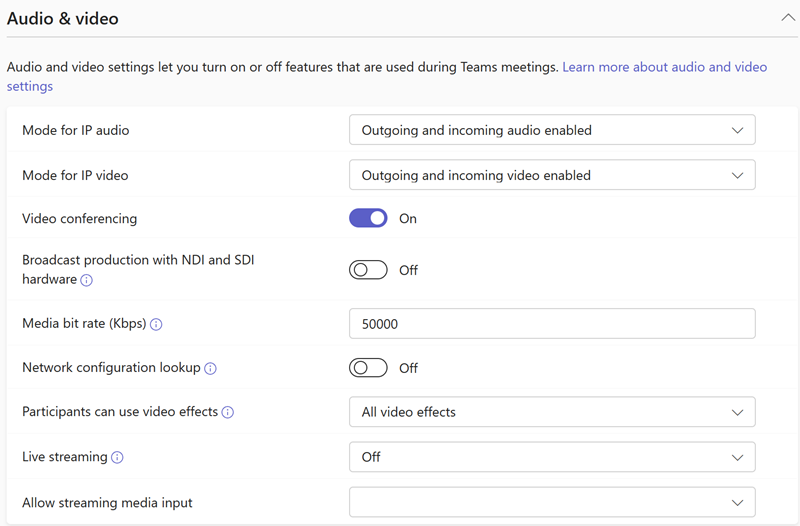 Screenshot of Teams meeting audio and video policies in the Teams admin center.
