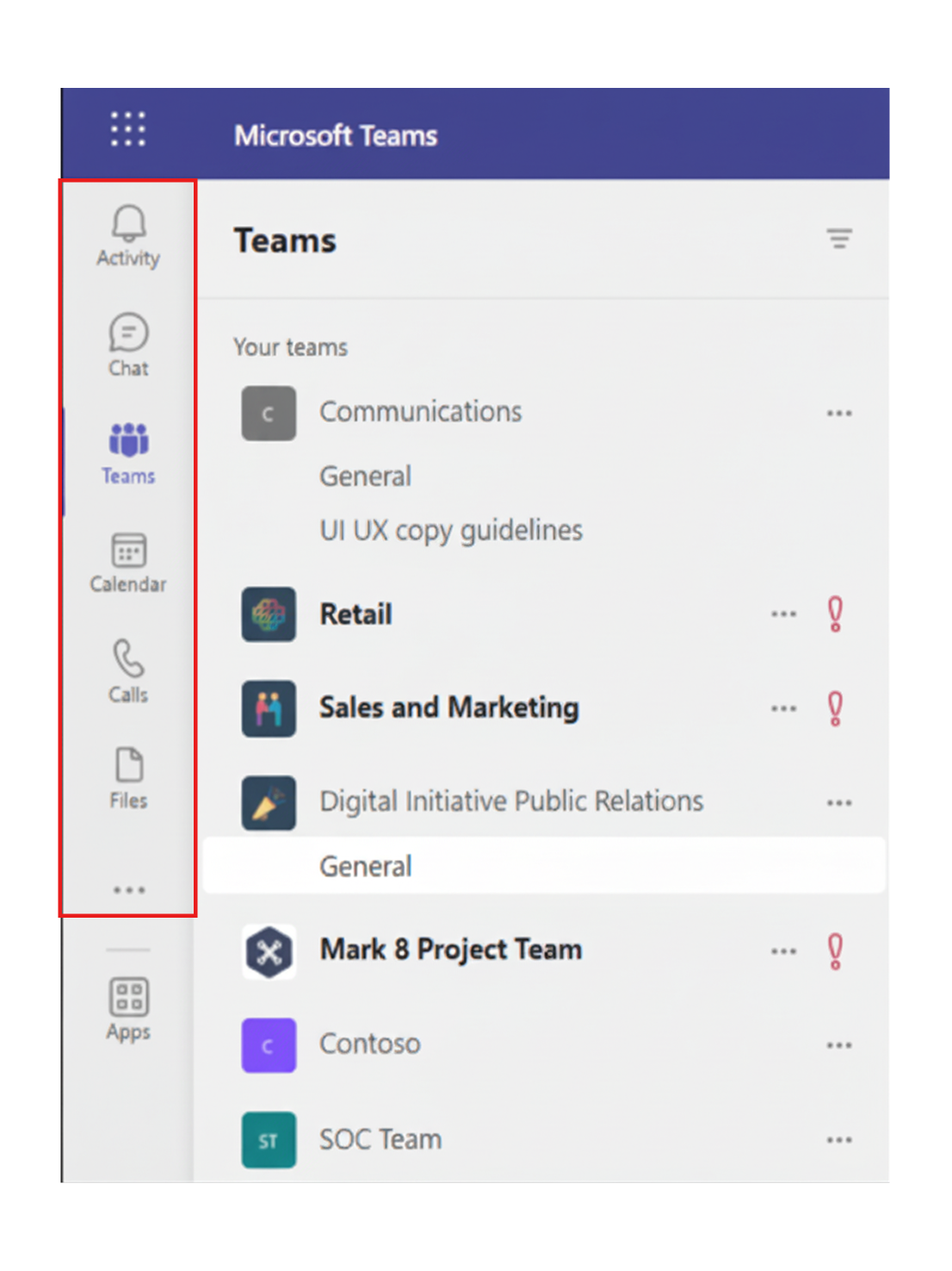 Screenshot of Microsoft Teams desktop app showing the app bar with Activity, Chat, Teams, Calendar, Calls, Files, and Apps icons.
