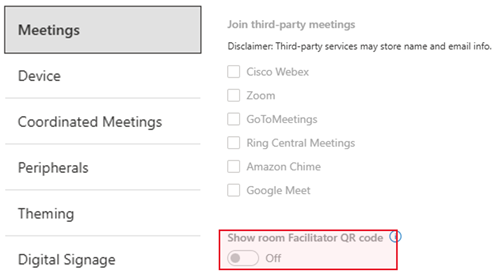Screenshot of turning on facilitator in Teams Rooms Pro Management portal.