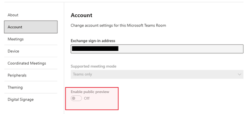 Screenshot of turning on public preview in Teams Rooms Pro Management portal.