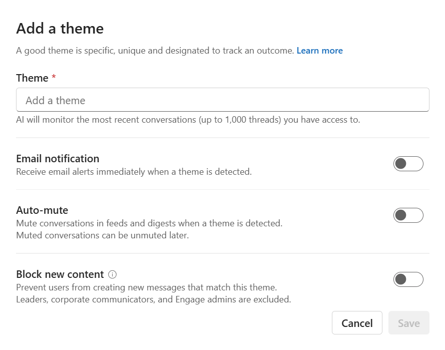 Screenshot that shows the Block new content setting in Engage theme configuration.