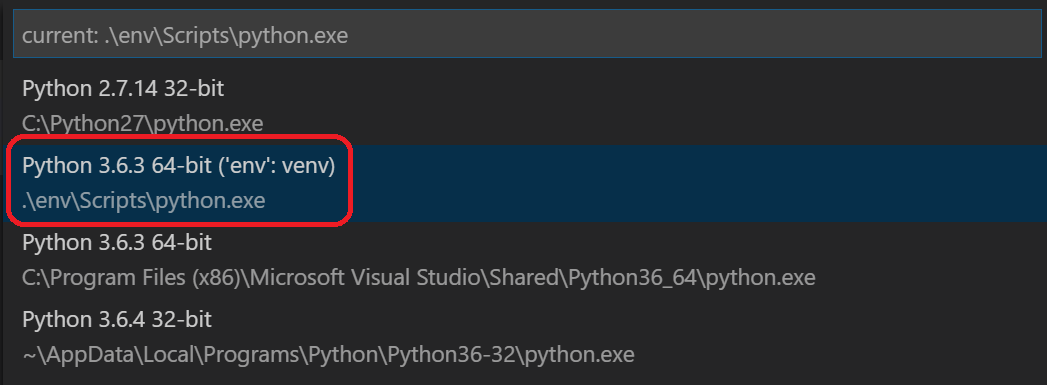 Selecting the virtual environment for Python