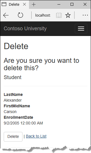 Screenshot of the Confirmation page for the Delete action.