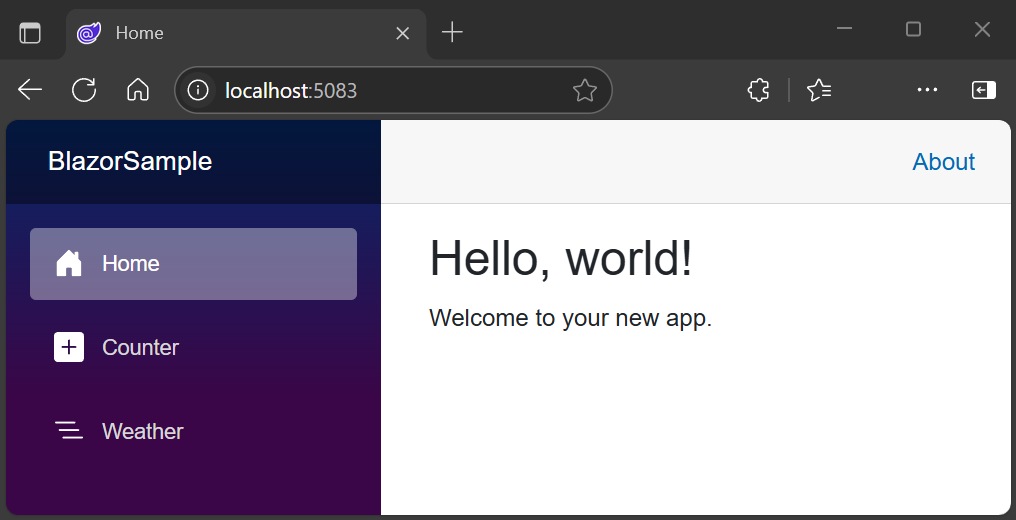 Blazor Web App running in Microsoft Edge with the homepage rendered in the UI.
