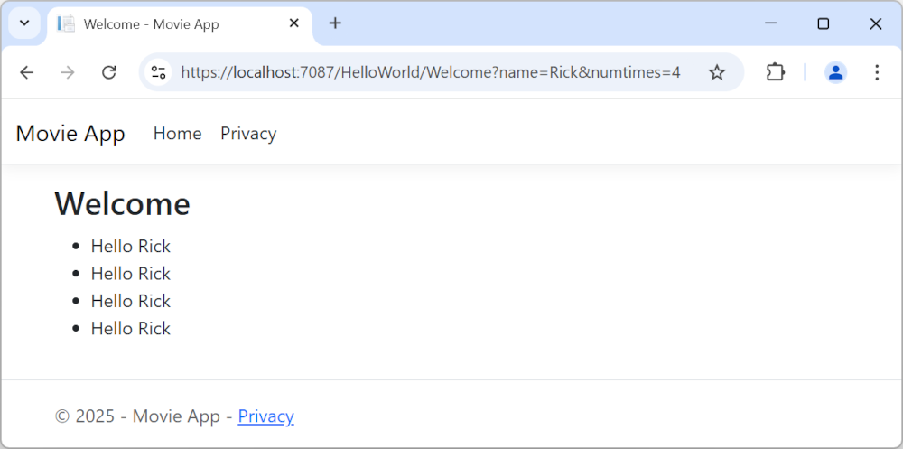 Privacy view showing a Welcome label and the phrase Hello Rick shown four times
