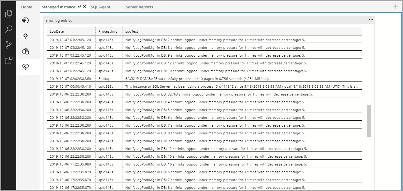 Managed Instance log entries