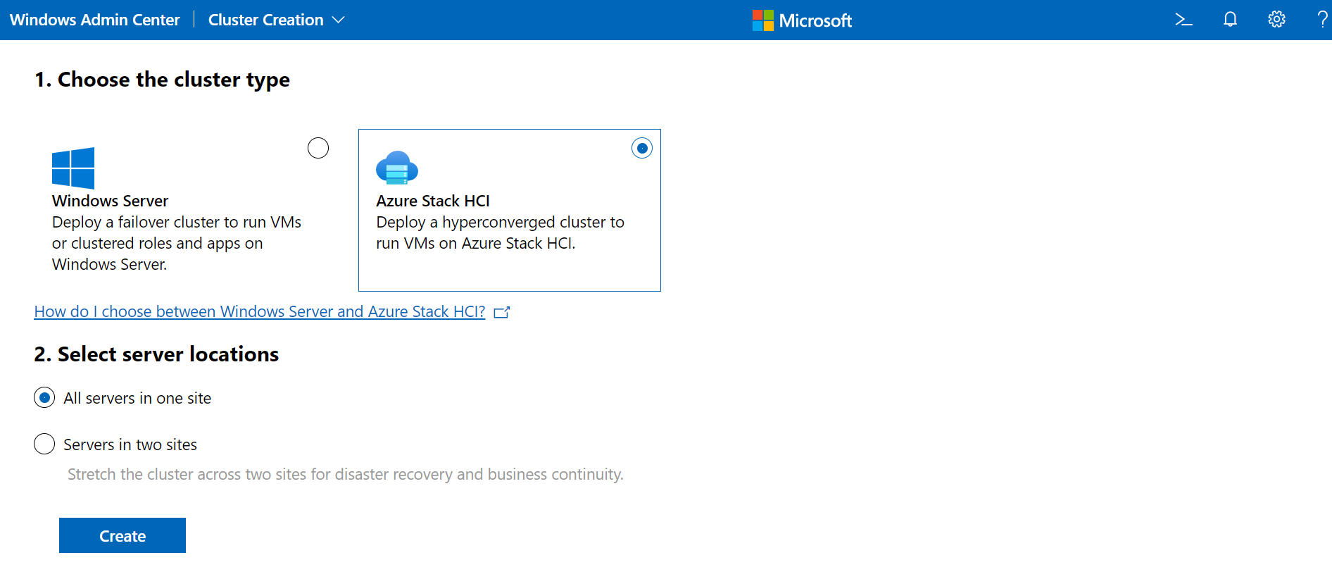 Create cluster wizard - HCI option