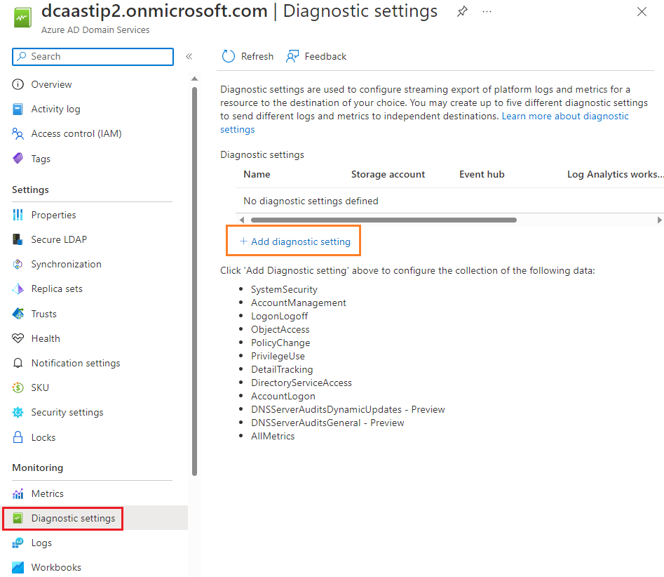 Add a diagnostic setting for Microsoft Entra Domain Services