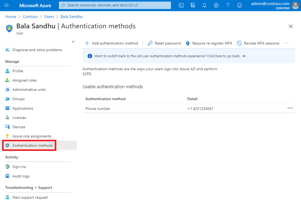 Screenshot of the Microsoft Entra admin center that shows authentication methods with a phone number populated