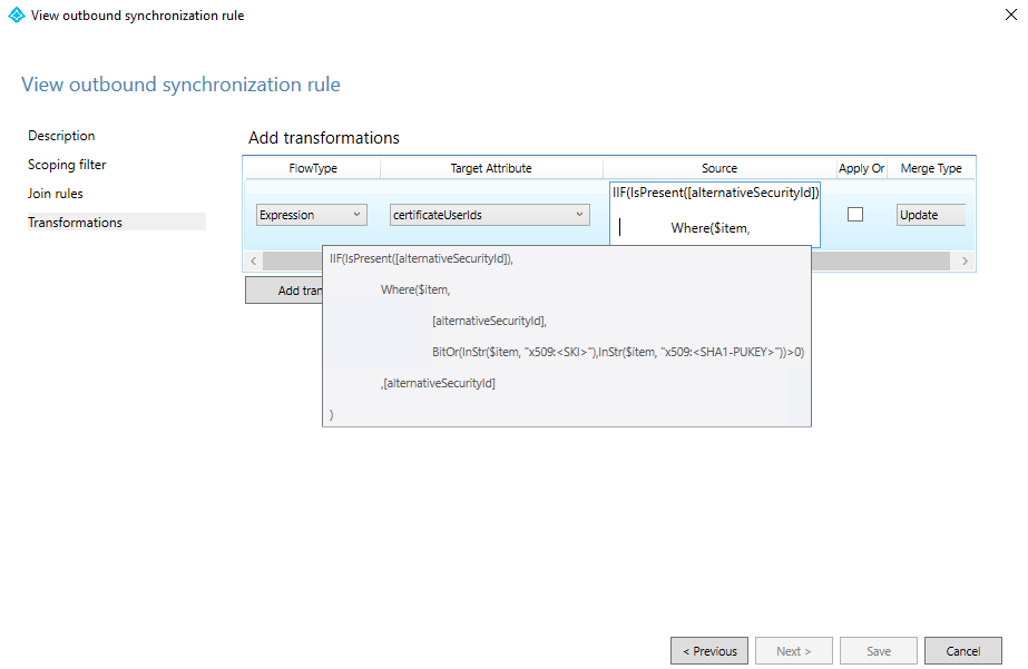 Screenshot of outbound synchronization rule to transform from alternateSecurityId attribute to certificateUserIds.