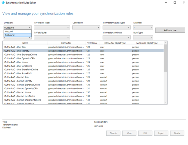 Screenshot of outbound synchronization rule.