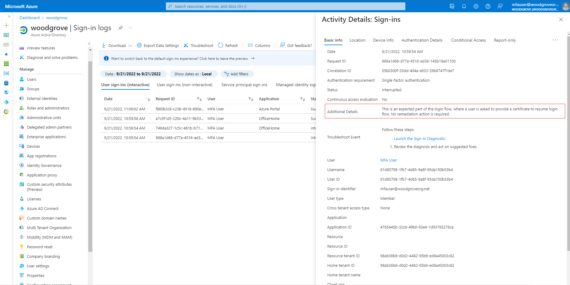 Screenshot of second-factor sign-in details in the sign-in logs.