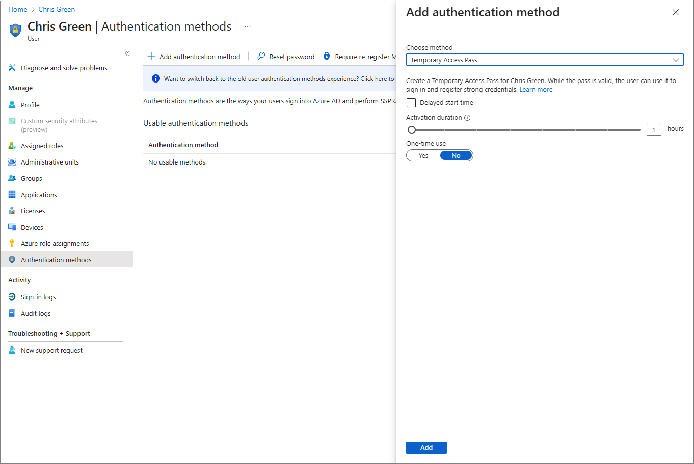 Screenshot of how to create a Temporary Access Pass.