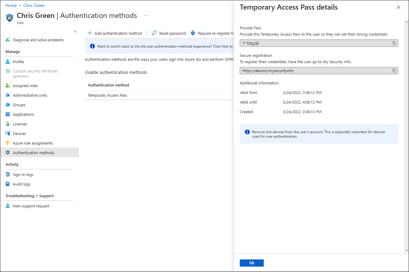 Screenshot of Temporary Access Pass details.