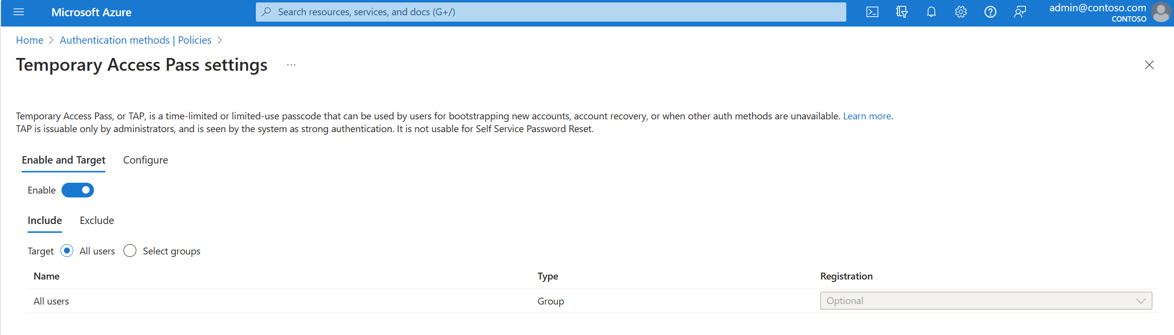 Screenshot of how to enable the Temporary Access Pass authentication method policy.