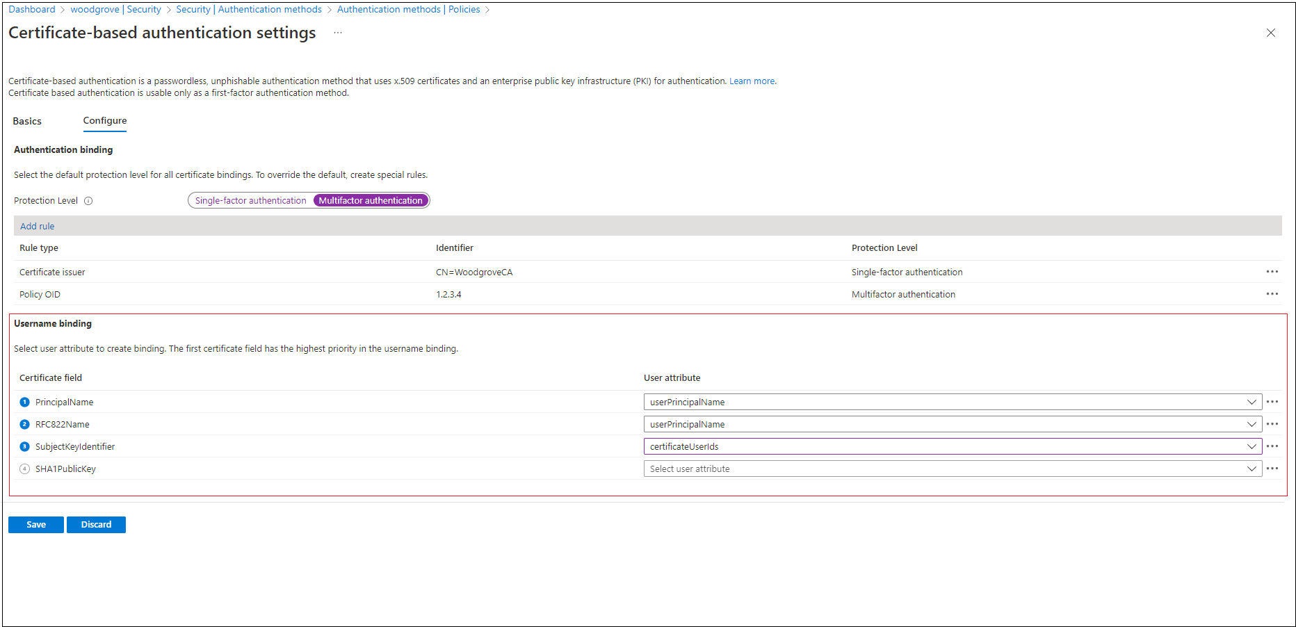 Screenshot of a username binding policy.