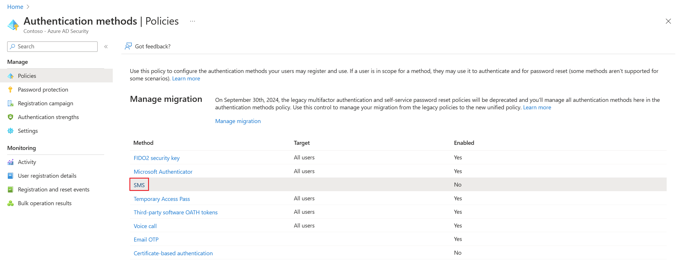 Screenshot that shows how to select the SMS authentication method.