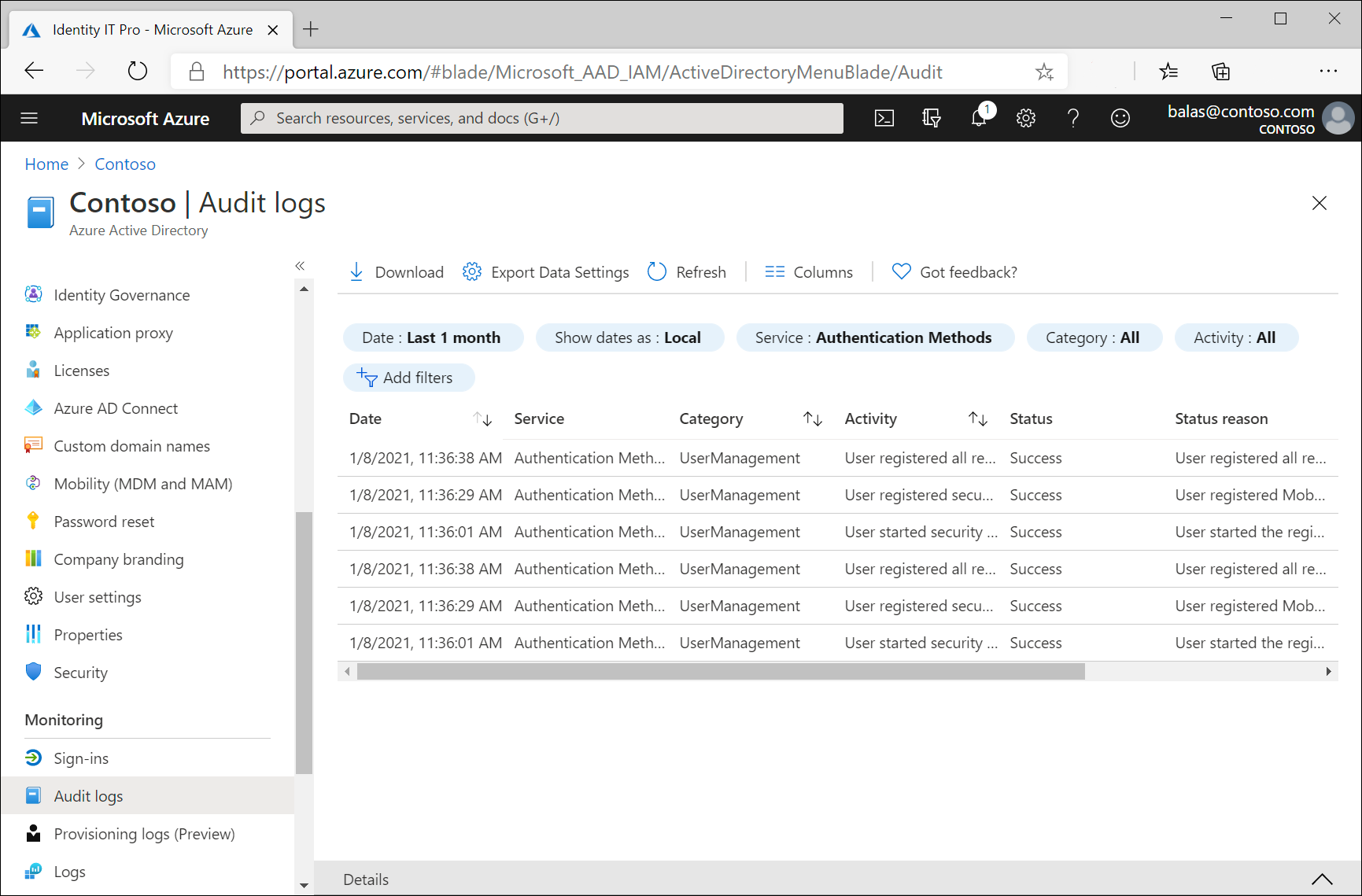 Microsoft Entra audit logs interface showing registration events