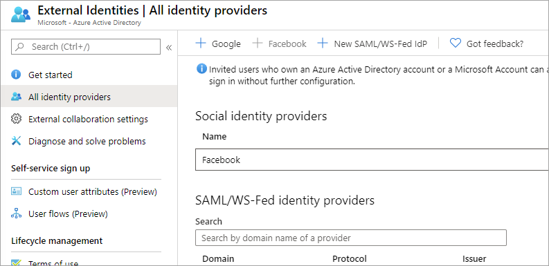 Screenshot showing the Identity providers page.