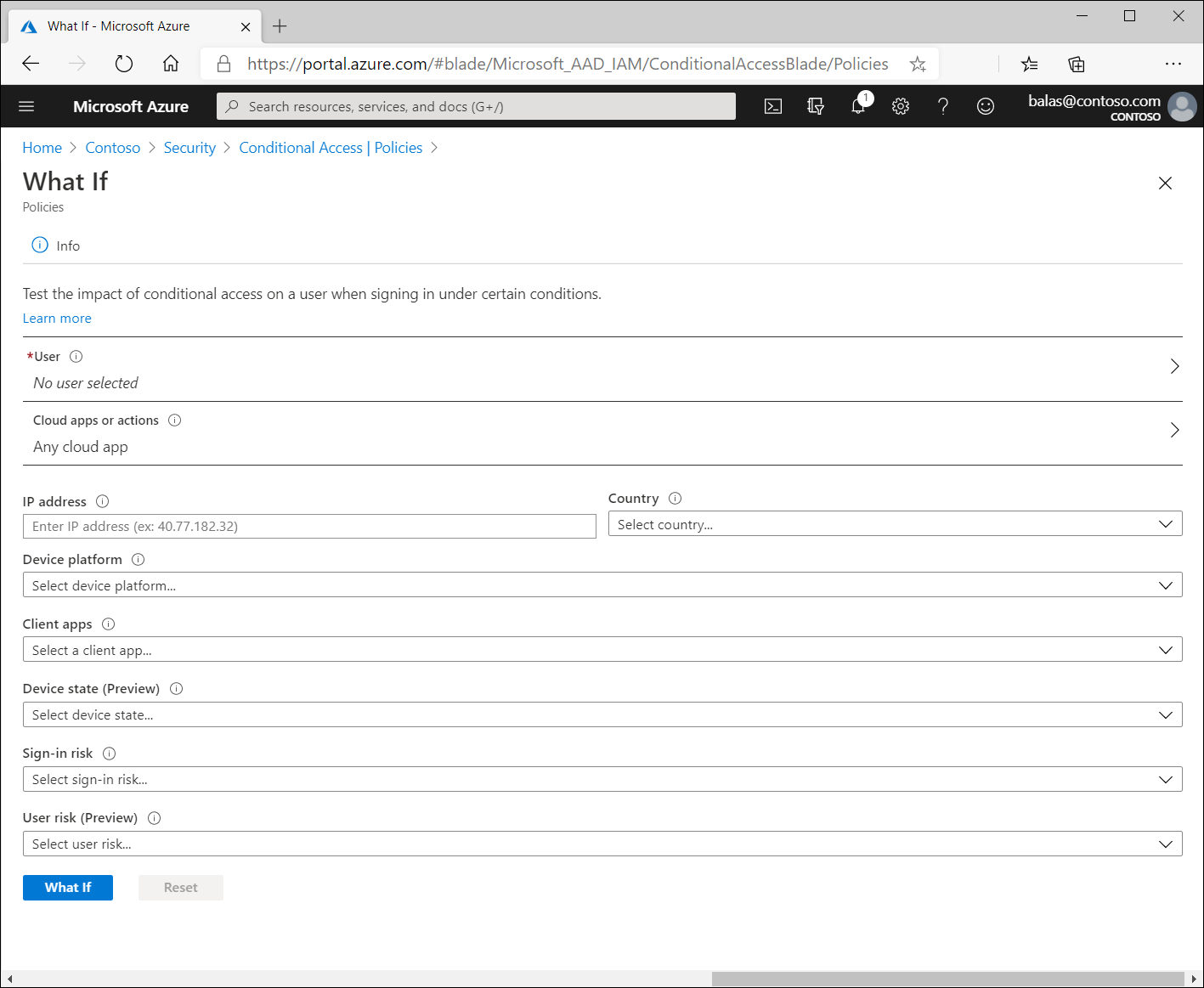 Conditional Access What If tool at default state