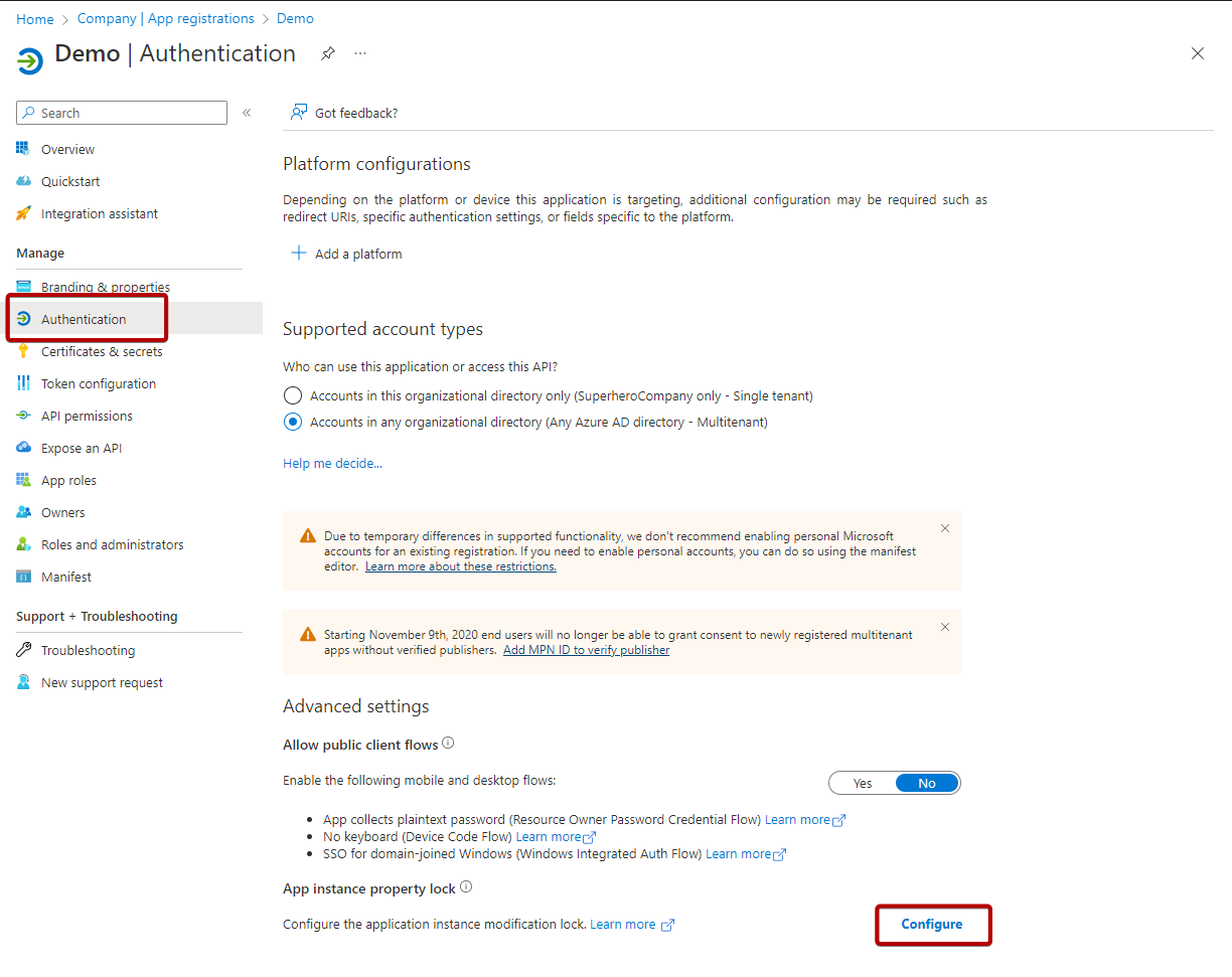 Screenshot of an app registration's app instance lock.