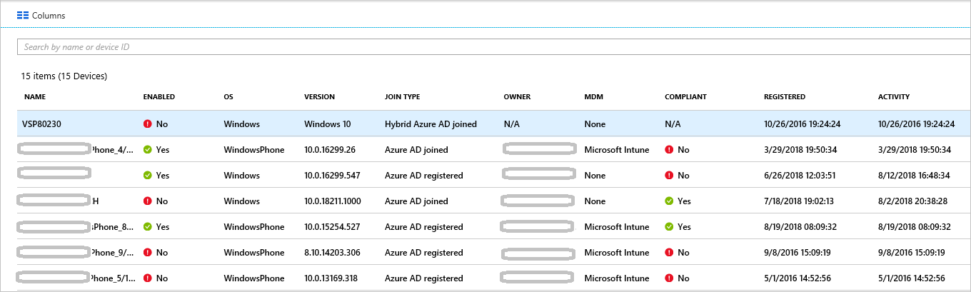 Screenshot listing the name, owner, and other information of devices. One column lists the activity time stamp.