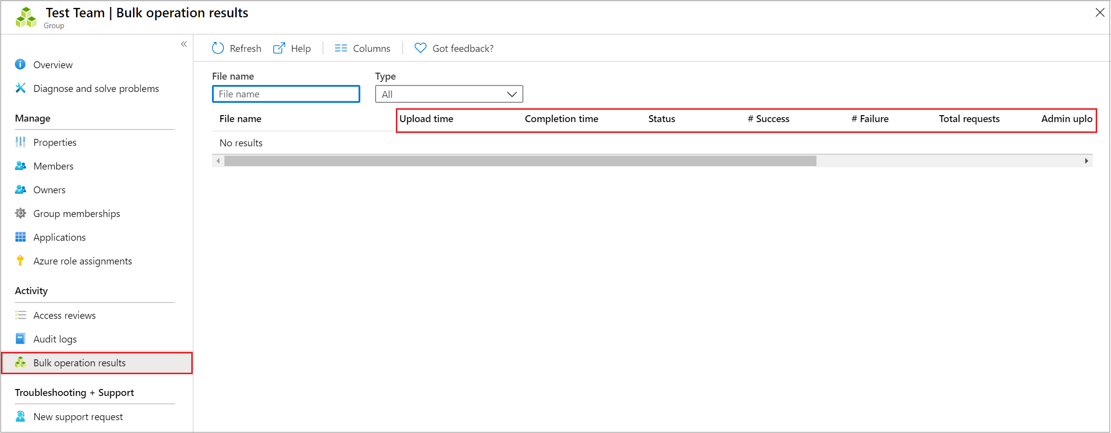 Screenshot that shows the Check status option on the Bulk operation results page.