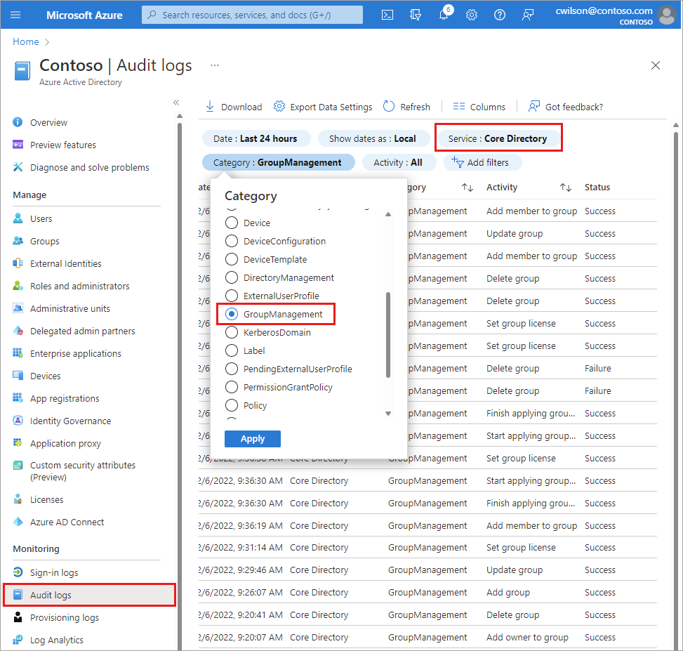 Screenshot of the Microsoft Entra audit logs with Core Directory and GroupManagement filter options highlighted.