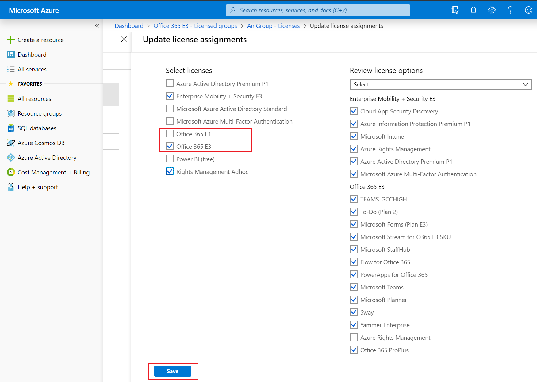 Screenshot of selecting the Assignments command on a user or group Licenses page.