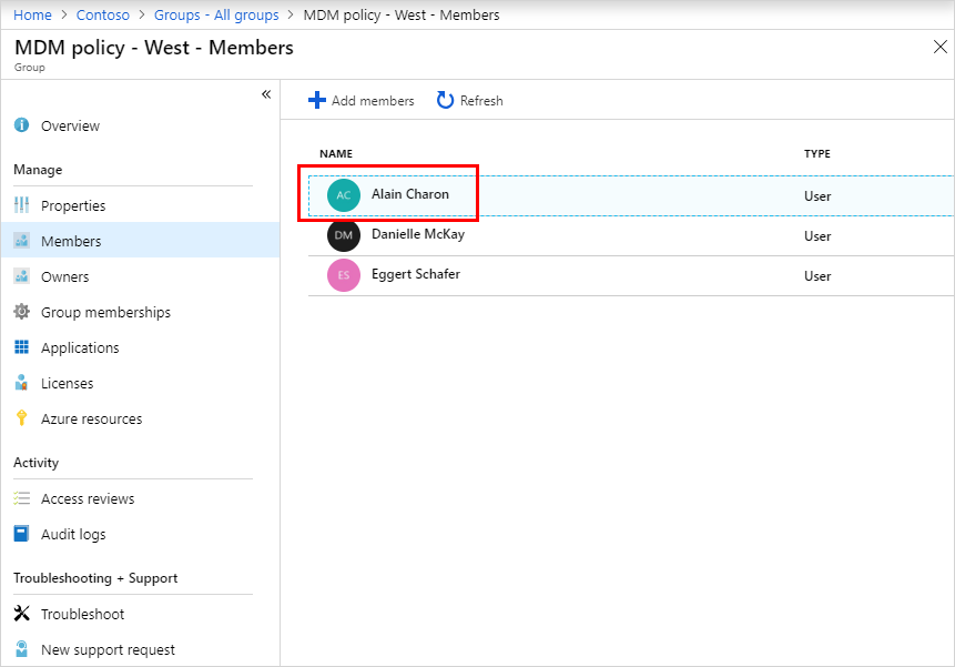 Screenshot of the list of members assigned to the MDM policy – West group.