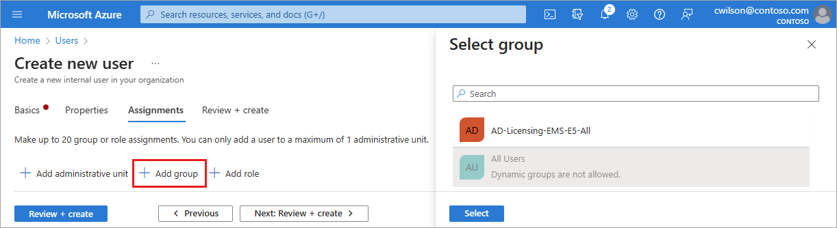 Screenshot of the add group assignment process.