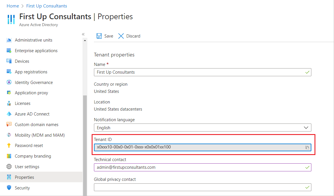 Microsoft Entra ID - Properties - Tenant ID - Tenant ID field