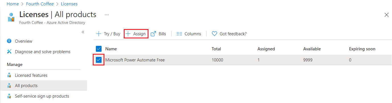 Screenshot of services page, with highlighted license plan selection and Assign options.