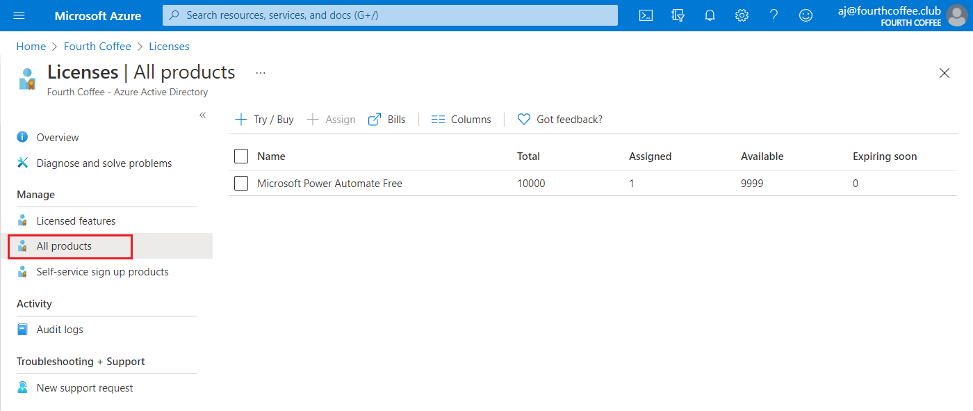 Screenshot of services page - with service license plans - associated license info.