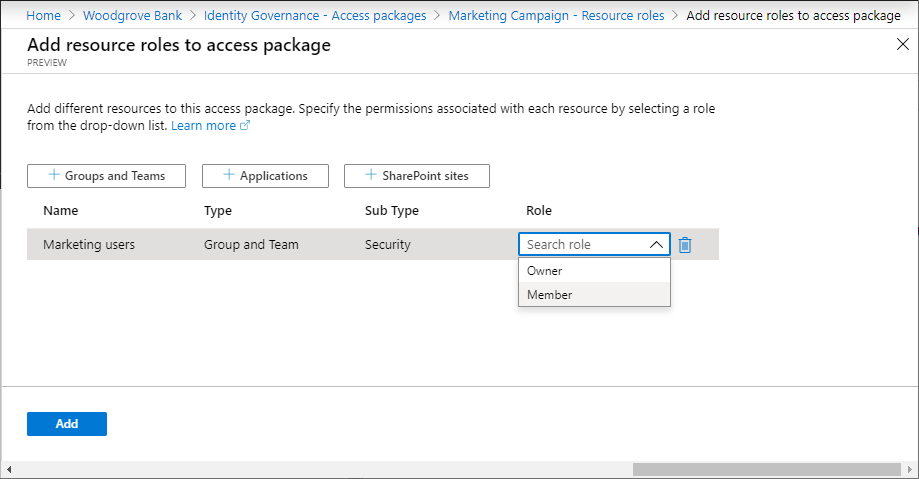 Access package - Add resource role for a group or team