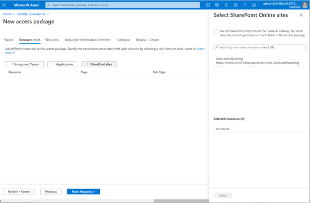 Access package - Add resource roles - Select SharePoint sites - Portal view