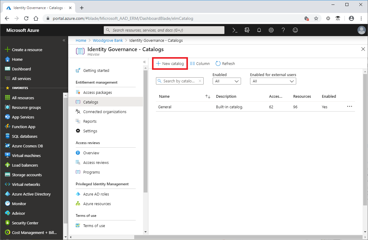 Screenshot that shows entitlement management catalogs in the Microsoft Entra admin center.