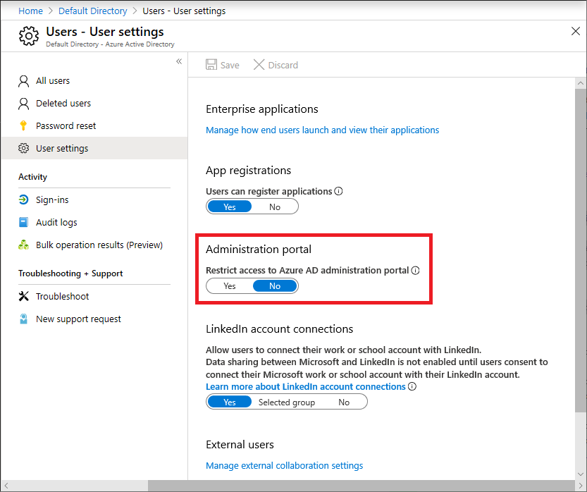 Microsoft Entra user settings - Administration portal