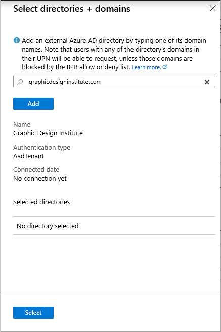 The "Select directories + domains" pane
