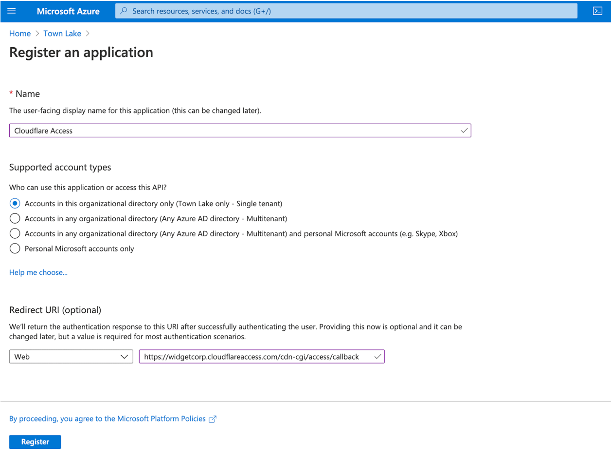 Screenshot of options and selections for Register an application.