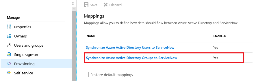 Example shows ServiceNow with provisioned Group and User objects