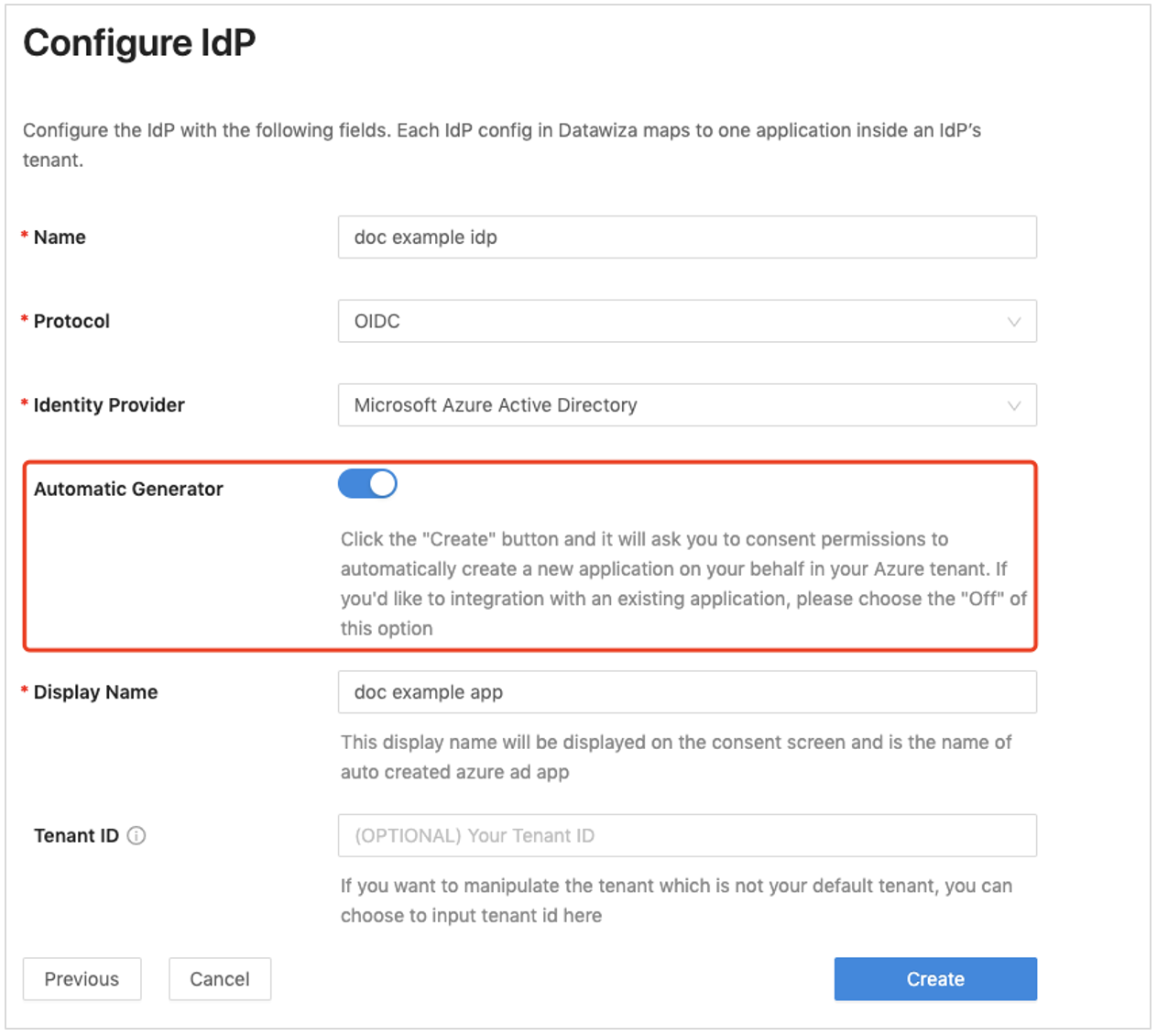 Screenshot of the Automatic Generator feature on the Configure IdP dialog.