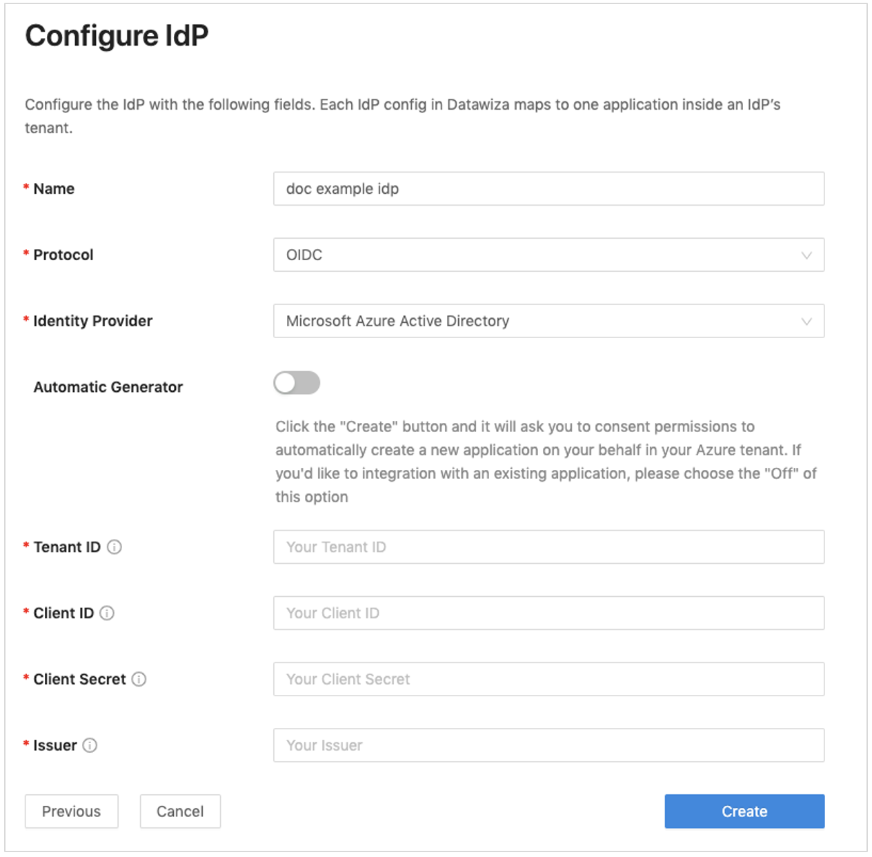 Screenshot of the Configure IdP dialog with the Automatic Generator turned off.