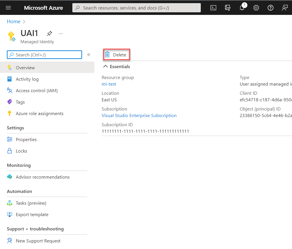 Screenshot that shows the Delete user-assigned managed identities.