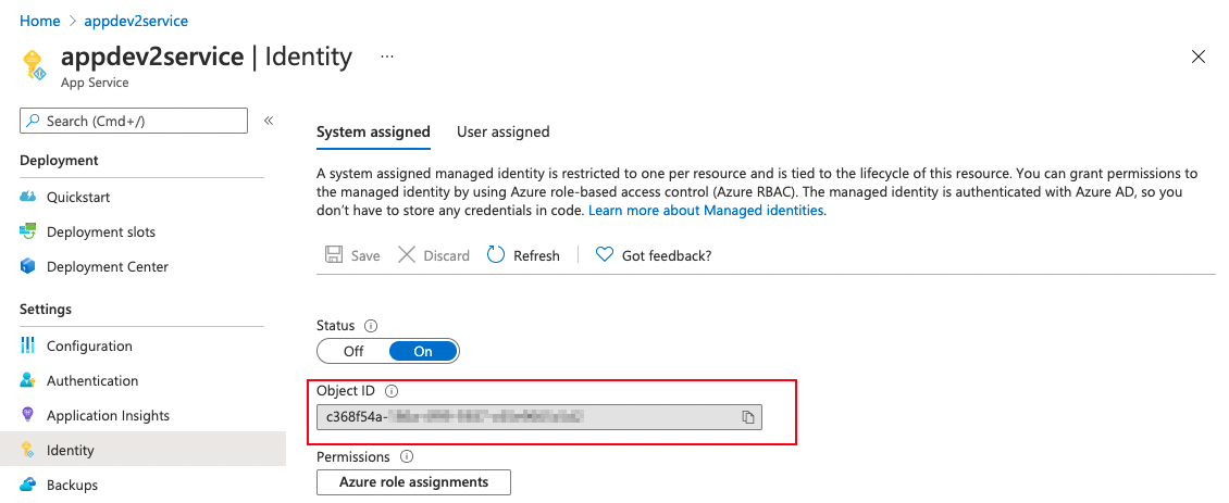 Screenshot showing how to get the object ID of system-assigned identity