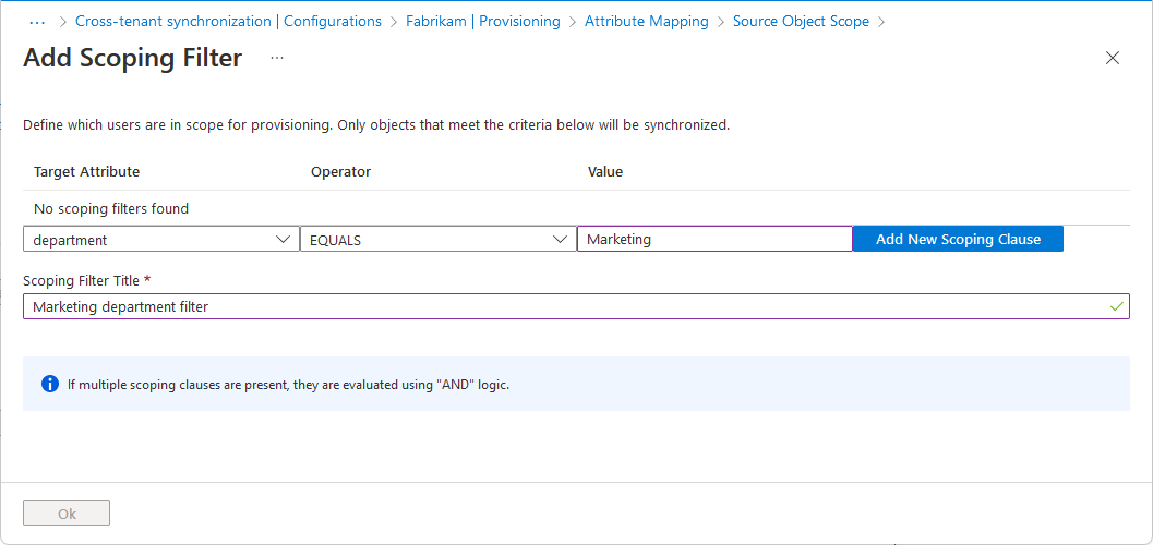 Screenshot that shows the Add Scoping Filter page with sample filter.